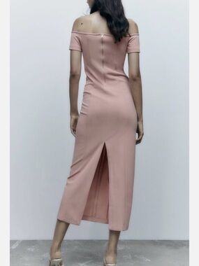 ZARA Blush Pink Off Shoulder Midi Dress Bodycon Slit Back Size S